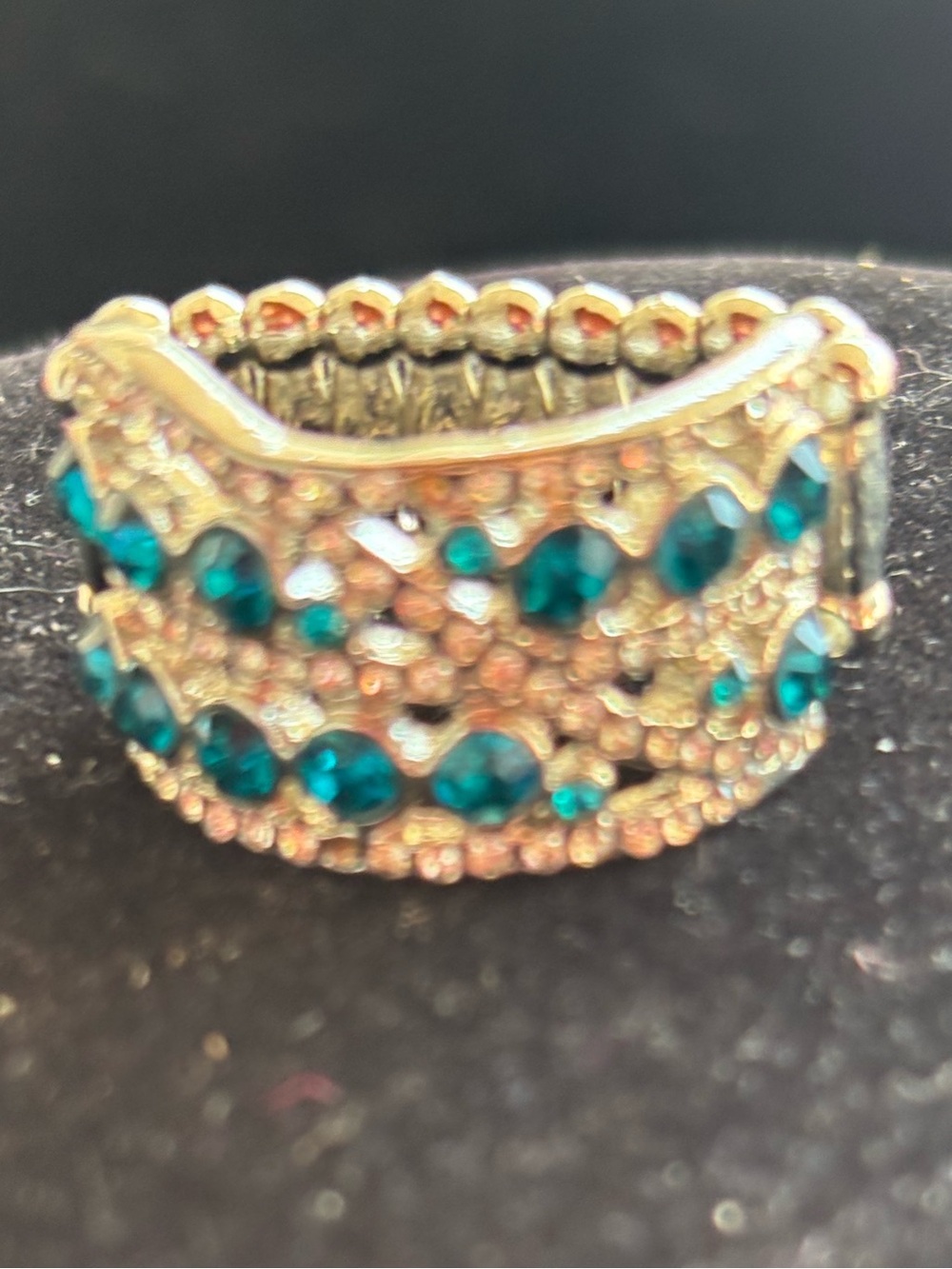 Gold Stretch Ring with Teal Crystal Accents